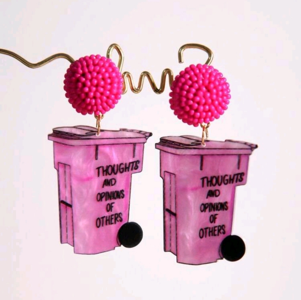Pink Trash Can Earrings with Text